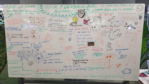 A large whiteboard with Library user's questions, comments and drawings on it