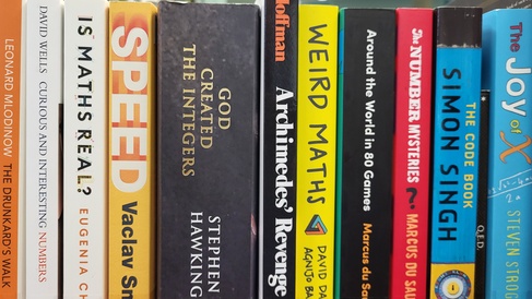 A close-up of Moore library book spines from the Recreational Science and Mathematics collection