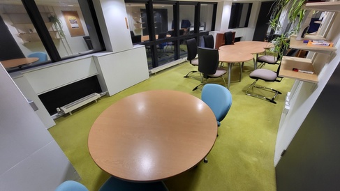 Moore Library first floor study room, tables, chairs and plants