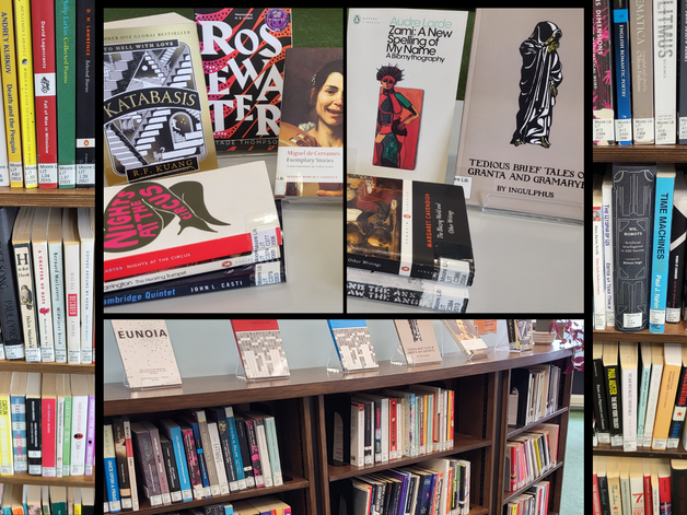 A collage illustrating a selection of Moore Library Literature collection items