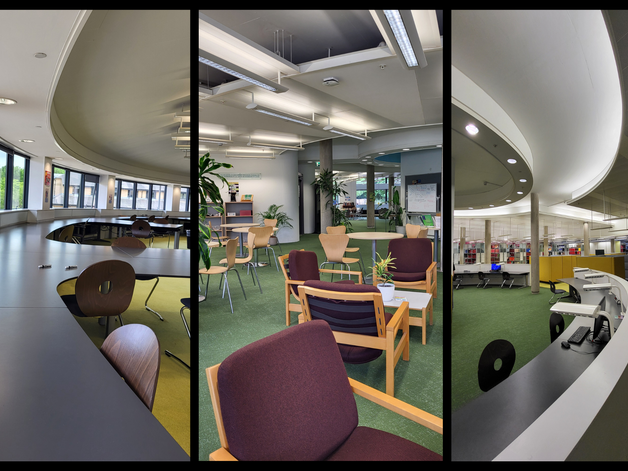 A collage detailing three (3) different spaces in the library