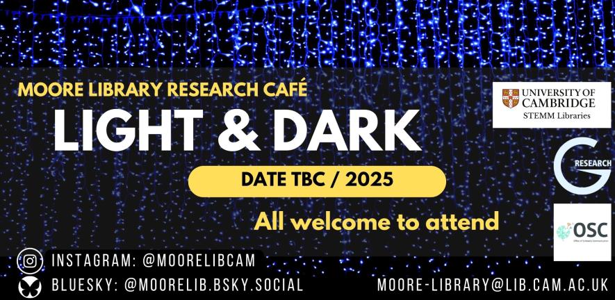 Poster advertising Research Cafe at Moore Library, abstract image of fairy lights in background