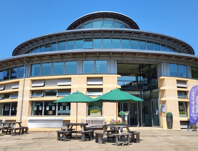 External image of front of library on a bright sunny day