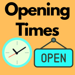 Opening Times, with illstrated clock and "Open" sign