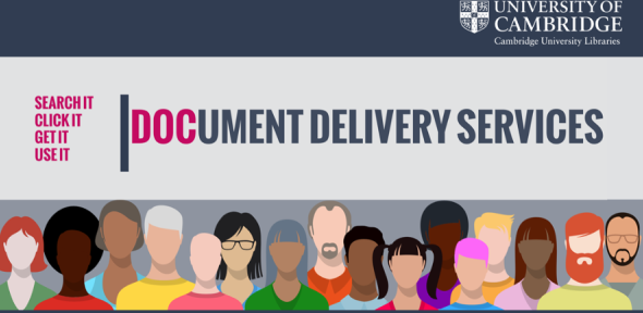 University of Cambridge graphic for Document Delivery Services; image contains illustration of basic cartoon humans drawn in pop art-like style